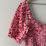 Anthropologie Red White Eyelet Puff Sleeve Smocked Cropped Top stretch floral L Photo 2