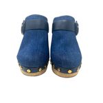 Veronica Beard  Dacey Denim Clogs Heels Studded Buckle Wood Blue Size 6‎ Photo 4