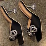 SheIn Stiletto High Heel Rhinestone Slippers Women's Square Toe Satin Bow Black 6.5 Photo 1