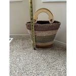 Vintage Woven Cornhusk Straw Hand Bag Wooden Handle Basket Tan Brown Purse Lined Photo 5