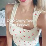 OQQ large light tan cherry, print, cute ribbed seamless, comfy bodysuit tank top Red Photo 1