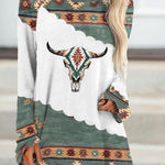 Women Aztec Shirts Vintage Geometric Print Crewneck Casual Long Sleeve Ethnic Western Graphic Loose Tee Top White Size L Photo 0