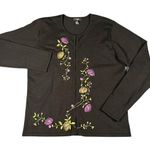 Obee Womens Medium Black Silk Sweater Long Sleeve Cardigan Floral Embroidery Photo 0
