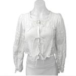 Love Shack Fancy  Sanra White Pintuck Button Tie Long Sleeve Crop Blouse  Photo 2