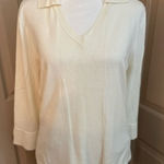 Evan Picone Evan-Picone cream rayon blend knit 3/4 sleeve ribbed v-neck collared sweater. L Photo 0