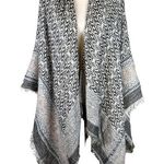 BCBGMAXAZRIA  Womens Boho Poncho Wrap Sweater One Size Black Beige Fringe Trim Photo 0