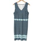 Joseph Ribkoff Blue Geo Print Sheath Midi Dress V-Neck Sleeveless, Size 14 Photo 2
