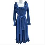 VINTAGE Victor Costa Blue‎ Ruffle Dress Sz 10 Long Sleeve Nylon Tie Belt Blue Photo 1