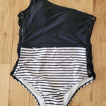 Source Unknown Black and White Striped One Shoulder Swimsuit Size L Photo 0
