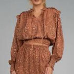 Elan  Ruffle Smocked Copper Paisley Print Alicia Top Long Sleeve Size S Photo 0