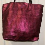 Saks 5th Avenue SAKS FIFTH AVE PINK METALLIC TOTE SOFT POLYESTER CLOTH BLACK PATENT LEATHER Photo 2