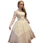 Vintage 60s Lace High Neck Wedding Gown w/ Tulle Skirt ILGWU USA small White Photo 3