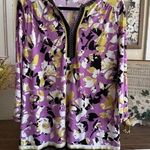 Liz Claiborne Abstract Purple Yellow Floral Print Tunic Top Popover Blouse Retro Artsy Modest Photo 0