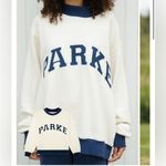 PARKE  Two Tone White and Denim Varsity Mockneck Sweatshirt L/XL Heritage Coastal Photo 0