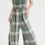 American Eagle  Green White Plaid Smocked‎ Wide Leg Jumpsuit Photo 0