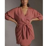 Anthropologie  Puff Sleeve Wrap Mini Dress Linen Blend Rose Pink Womens Size 8 Photo 0
