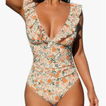 Cupshe ‎ Floral Ruffle One Piece Swimsuit Cut Out Tie Back Bathing Suit size S Photo 0