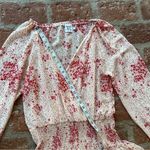 Princess Polly  Cream & Red Floral Sheer V-Neck Wide Smocked Waist Mini Dress 8 Photo 2