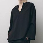 ZARA NWT black flowy long sleeve blouse viscose blend with brown side stripe Photo 2