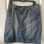 CAbi  Denim Skirt Womens Size 8 #482 Medium Stonewash A-Line Stretch gold stitch Photo 0
