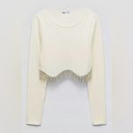 ZARA Long Sleeve Ribbed Crop Top Rhinestone Fringe in Oyster White Size Medium Photo 8