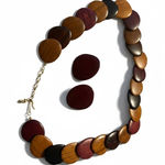 Wooden Disc Necklace and Earrings Set Brown Purple Statement Jewelry Women Photo 0