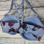 Cacique Lane Bryant 44F Boost Plunge Bra Gray Red Floral Strappy Lace Underwire Photo 1