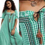 Free People  Bohemian Embroidered Gingham Seersucker Cass Maxi Dress Green Medium Photo 13