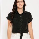 Sim & Sam  Black button down tie front cropped shirt medium casual Beachy Photo 0