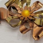 Vintage Two Tone Copper & Gold Ribbon Flower Brooch Pin Yellow Faux Pearl Stone Brown Photo 11
