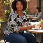 JM Collection Womens Plus Size XXL Black White Floral Long Sleeve Top Tunic Photo 0