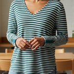 Anthropologie  Akemia Kin Striped V-Neck Long Sleeve Tunic Top Green White Photo 0