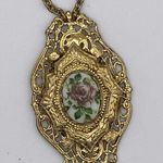 Vintage Victorian Revival filigree 27” necklace. Painted rose on porcelain Gold Photo 0
