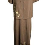 Vintage 90s Hand Painted Maxi Dress Set S Mocha Hawaiian Button Up Top Floral Brown Photo 0