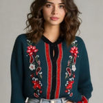 Vintage Koret Green and Red Cardigan with Floral and paisley Embroidery Size XL Photo 0