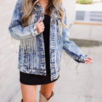 Paint the Town Large Rhinestone Jewel Fringe Acid Washed Denim Jacket Blue Photo 0