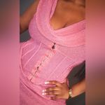 Pretty Little Thing Plus Pink Glitter Plisse Cowl Neck Corset Top & Skirt Set Photo 2