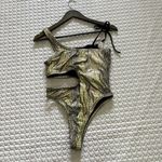 NWT DAHLA Women One Piece Snakeskin Print Swimwear Sexy Cut Out One Shoulder S Gold Photo 6
