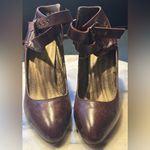 Anthropologie+Farylrobin Leather Burgundy Mary Jane Ankle Cuff 3.5 Heels Sz 7. Brown Photo 2