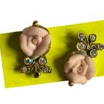 Vintage Pink Porcelain Rose & Rhinestone Drop Earrings – Gold Tone, Set of 2, 1" Photo 0
