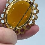 Vintage huge W.Germany facetted amber colored glass brooch. Gold Photo 3