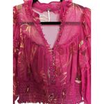 Free People  Time For Shine Mesh Cropped Smocked Pink Purple Floral Blouse Top L Photo 7