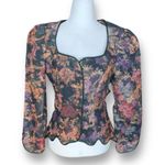 Vintage Cachet Collarless Tapestry Jacket Black Floral Scalloped Button Up Top Size XS Photo 11