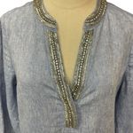 Chico's Embellished Beaded 100% Linen Dress Blue Size 0 US 4 Boho Coastal Photo 4