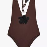 ZARA  NWT brown halter one piece swimsuit black flower detail Photo 4