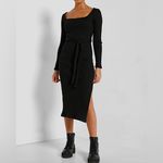 Topshop  Long Sleeve Square Neck Belted Jersey Ribbed Midi Dress in‎ Black Size 4 Photo 7