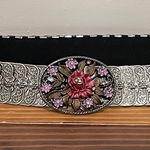Vintage Silver Stretch Belt Metal Silver Rhinestone Flower Belt Buckle Size M/L Photo 0