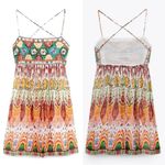 ZARA Geometric Print Straight Neck Strappy Embroidered Short Dress Size Small Photo 2