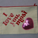 I Love You Most Pink Sequin Heart Patch Red Zipper Canvas Handmade Makeup Bag Photo 0