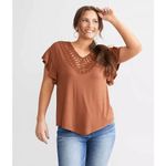 Daytrip BKE  Sequoia Brown Crochet Flutter Sleeve Top Large Photo 6